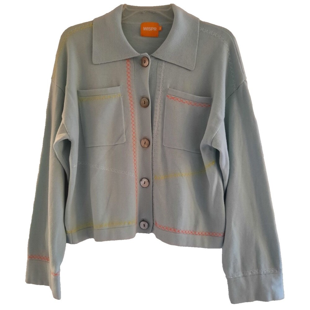 WISPR Embroidered Cotton Silk Blend Button-up Blue Cardigan, Collar, Size M Neon